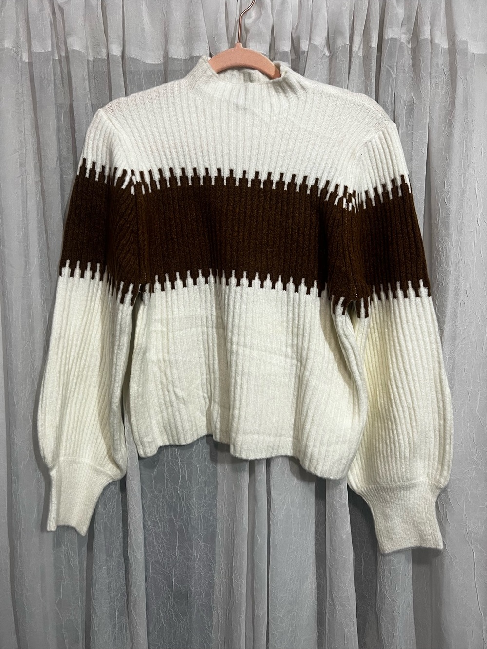 Vici Ribbed Cowl Neck Sweater in Cream and Brown Stripe